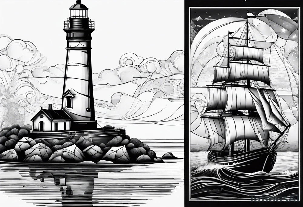 phare maritime dans un bateau a voiles. tattoo idea