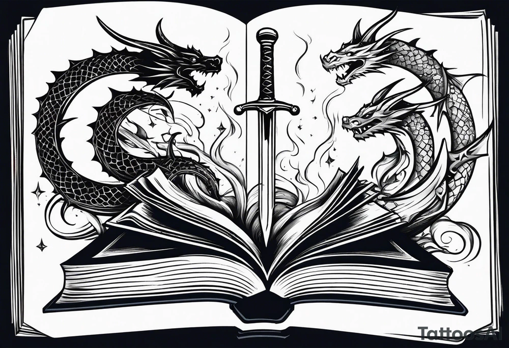 an empty open book with a sword through it, small dragons and sparks surrounding the book. small design tattoo idea