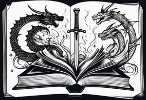 an empty open book with a sword through it, small dragons and sparks surrounding the book. small design tattoo idea