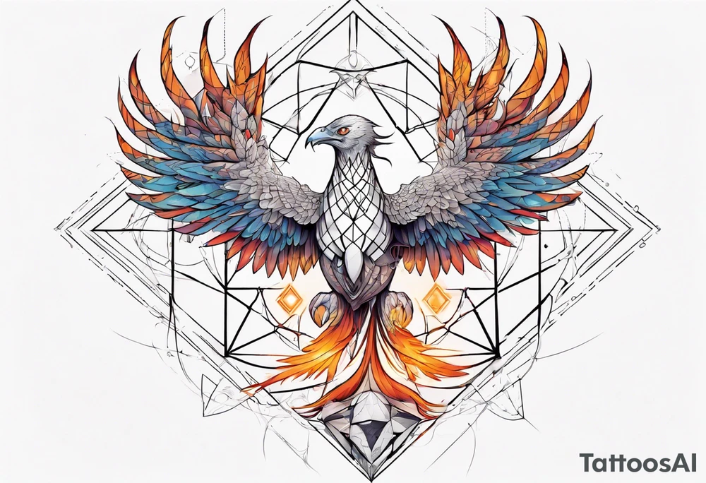 sacred geometry Metatron's cube with phoenix. Sleeve for woman's arm tattoo idea