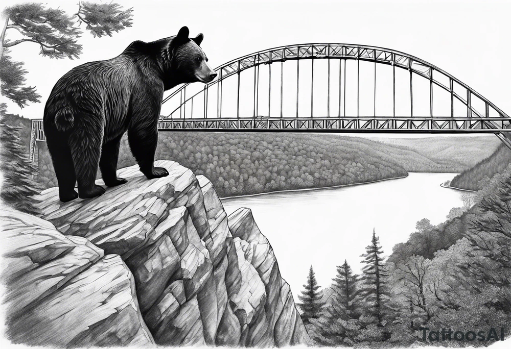 Large thigh tattoo, realism, black and white, black bear with the new river gorge bridge in the background tattoo idea