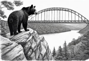 Large thigh tattoo, realism, black and white, black bear with the new river gorge bridge in the background tattoo idea