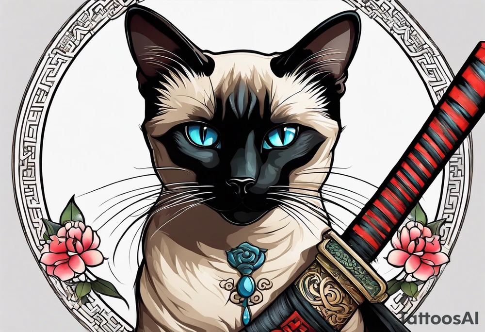 A siamese cat holding a katana tattoo idea