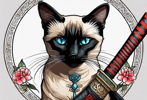 A siamese cat holding a katana tattoo idea