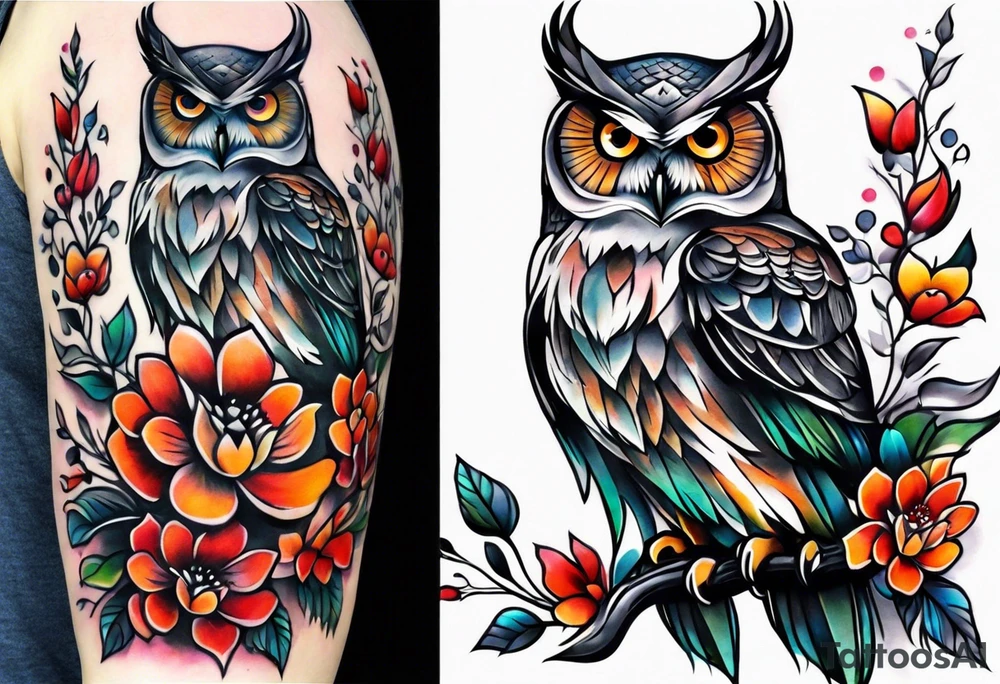 Owl and flowers full arm sleeve tattoo idea