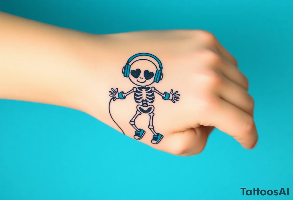 Cute smiley skeleton with heart shape eyes  jumping on a jump rope with both hands blue headphones blue armbands blue sneakers and colorful  music notes around his head tattoo idea