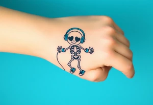 Cute smiley skeleton with heart shape eyes  jumping on a jump rope with both hands blue headphones blue armbands blue sneakers and colorful  music notes around his head tattoo idea