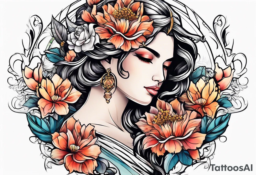 Goddess of justice with flowers tattoo idea