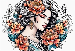 Goddess of justice with flowers tattoo idea