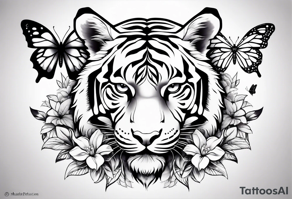 tiger, 3 butterflies, flowers for ladies thigh / hip tattoo idea