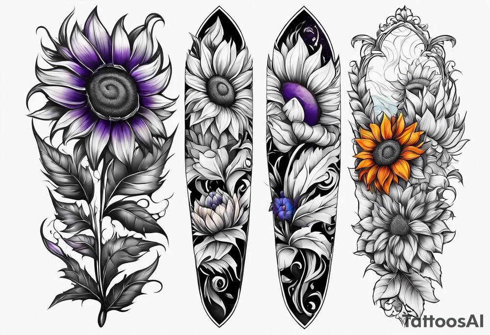 Full leg sleeve with purple, orange and blue sunflowers tattoo idea