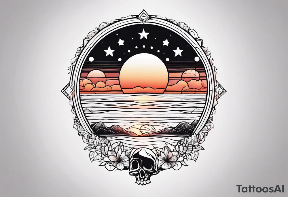 Simple tattoo drawing of a sunset with the inscription Memento mori tattoo idea