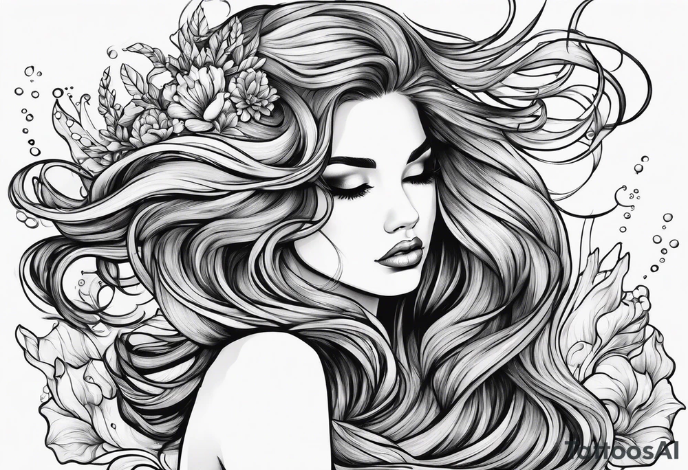 Wildly flowing mermaid hand in her hair tattoo idea