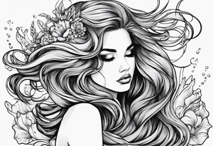 Wildly flowing mermaid hand in her hair tattoo idea