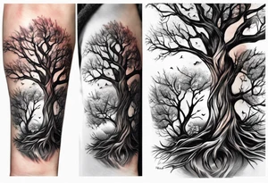 Tree with branches for children and grandchildren’s names with roots wrapping around wrist and tree extending to just below elbow tattoo idea