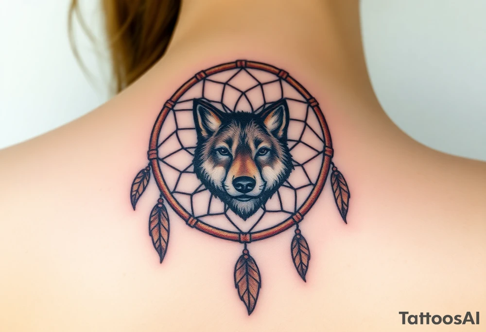 A wolf’s paw print in the center of a dreamcatcher, with the wolf’s face subtly peeking through. The dreamcatcher threads are light brown, and the paw print is shaded in dark brown with hints of green around the edges. tattoo idea
