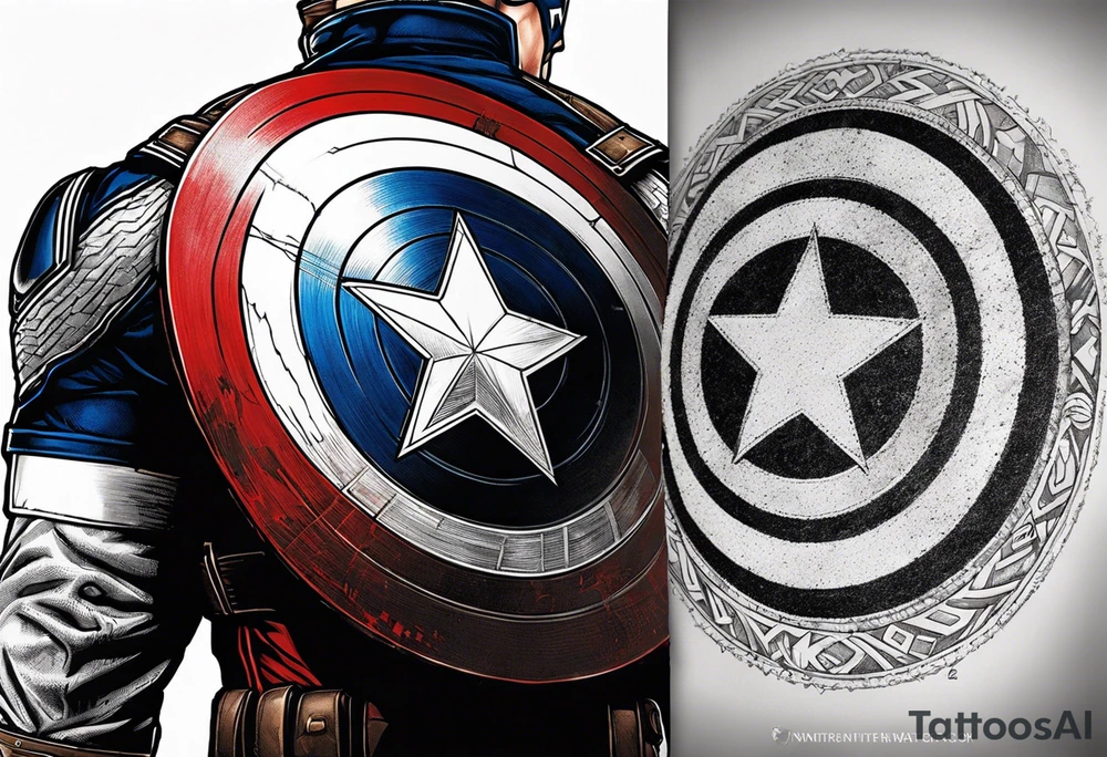 The tattoo shows Captain America throwing his iconic shield with impressive force. His uniform is meticulously detailed, with the stars and stripes of his costume standing out in relief. The shield, with its vibrant colors and distinctive design, is shown in mid-rotation, capturing the character's energy and bravery. tattoo idea