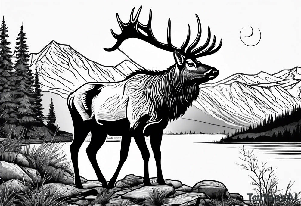 majestic elk near a lake, with mountains in the background tattoo idea
