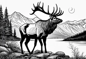 majestic elk near a lake, with mountains in the background tattoo idea