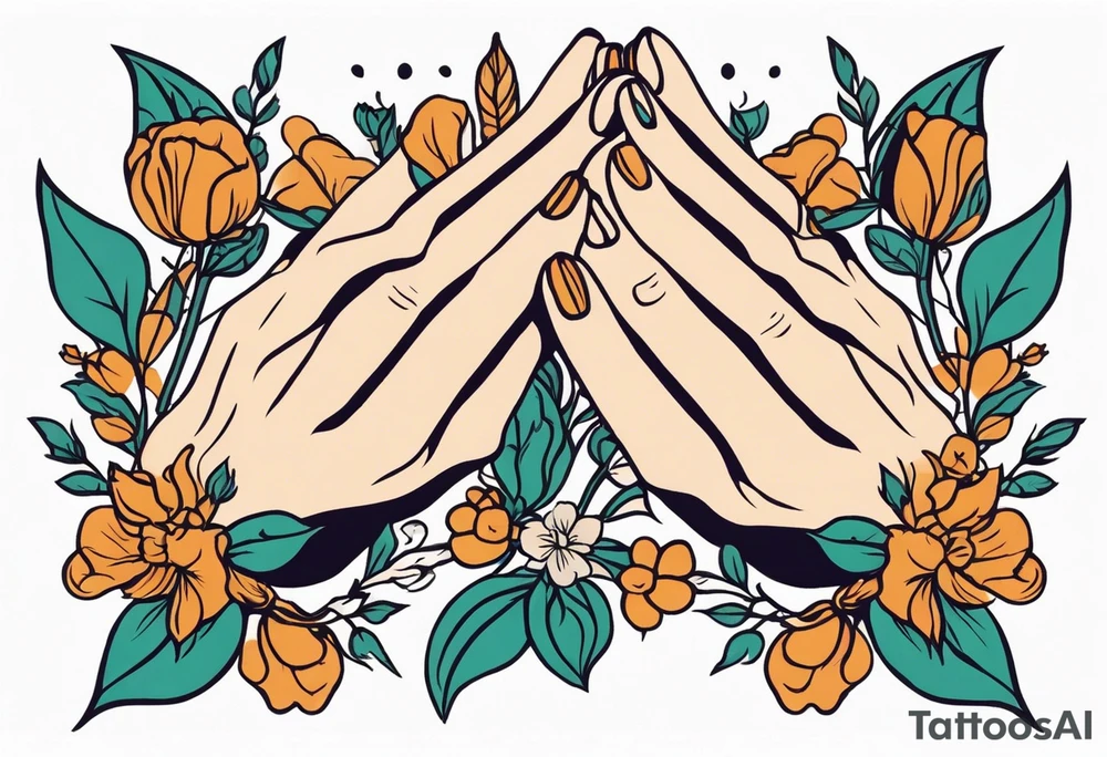 hands praying with flowers simple bold tradional old school style bold colors tattoo idea