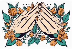 hands praying with flowers simple bold tradional old school style bold colors tattoo idea