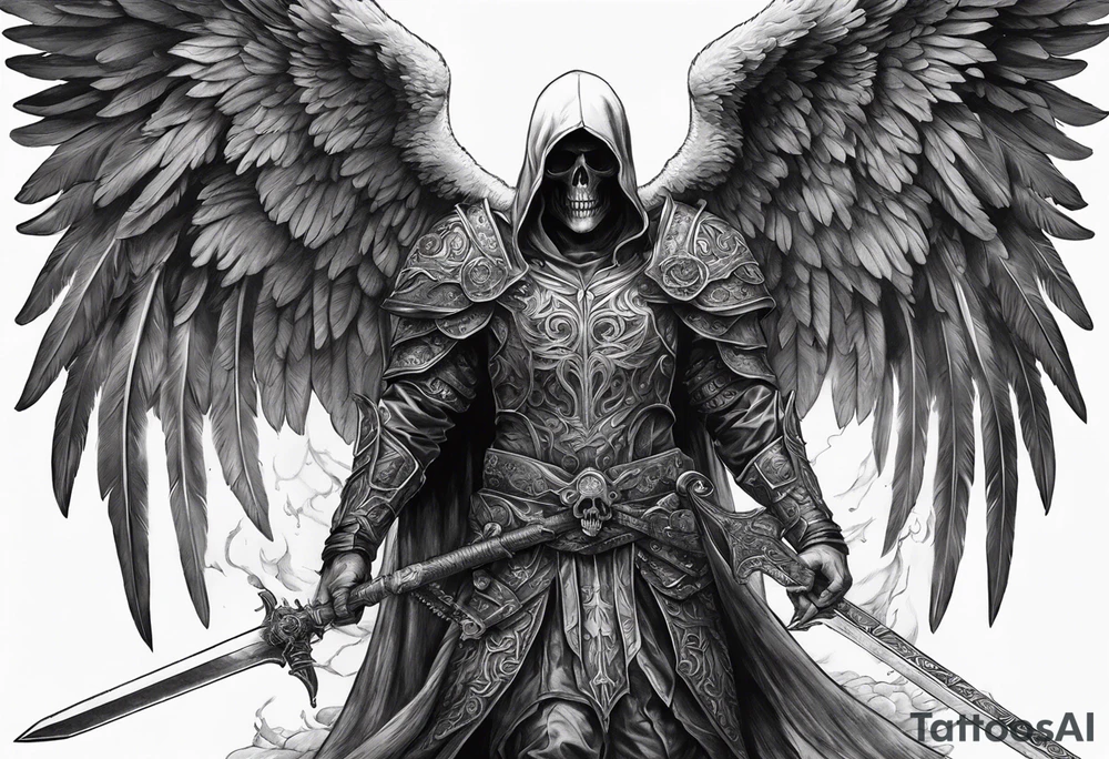 realistic angel of death, full man body, without face, holding one sword in both hands, sword pointing downwards, skulls lying on the ground tattoo idea