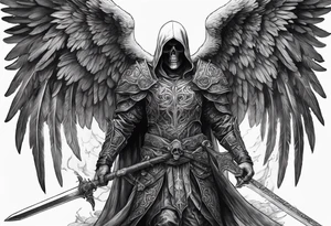 realistic angel of death, full man body, without face, holding one sword in both hands, sword pointing downwards, skulls lying on the ground tattoo idea