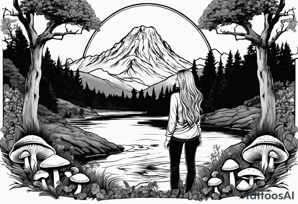 Whole picture encircled fully

Straight long blonde hair hippie girl in distance holding mushrooms in hand facing away toward mountains and creek surrounded by mushrooms long sleeve shirt and hiking pants; whole rendering within a full circle, no cut off circle tattoo idea