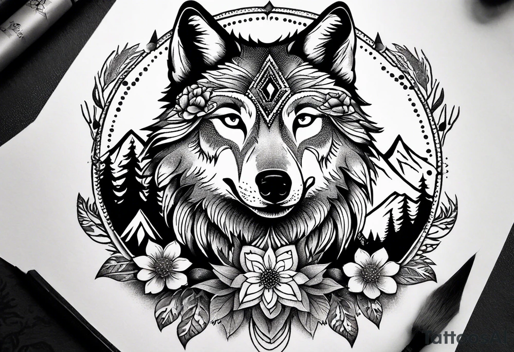 A whimsical wolf tattoo featuring mandala or dream catcher elements, with the wolf as the central focus, surrounded by mountains in the background. Include flowers and nature elements to fill the space around the wolf. Some color but not completely solid bold color tattoo idea