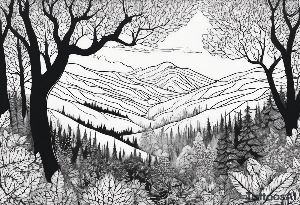 Draw me a Magical forest with s lot of trees in 2D and every tree is black and you see every treetop tattoo idea