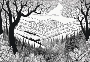 Draw me a Magical forest with s lot of trees in 2D and every tree is black and you see every treetop tattoo idea