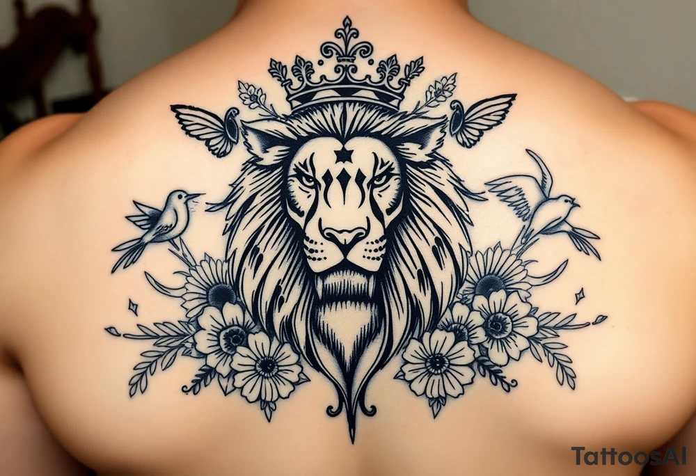 powerful majestic lion with a crown, surrounded by floral ornaments and birds tattoo idea