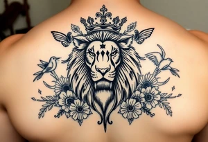 powerful majestic lion with a crown, surrounded by floral ornaments and birds tattoo idea