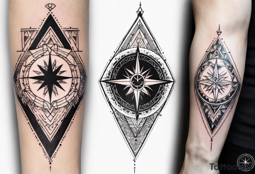Fine line tattoo in the left forearm on the bottom side. The tattoo will have three shapes placed in a triangle formation. The top shape will be a geometric heart that symbolizes health. The bottom left will have a compass rose as a symbol for purpose. The bottom right will have three circles placed in a triangle formation to symbolize family. Tattoo should be minimalist with just the shapes filled in and no ornaments tattoo idea