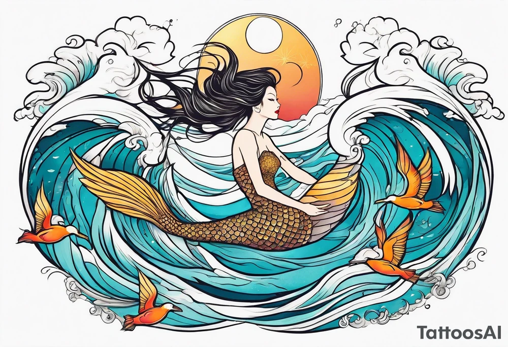 mermaid jumping to see pelicans tattoo idea