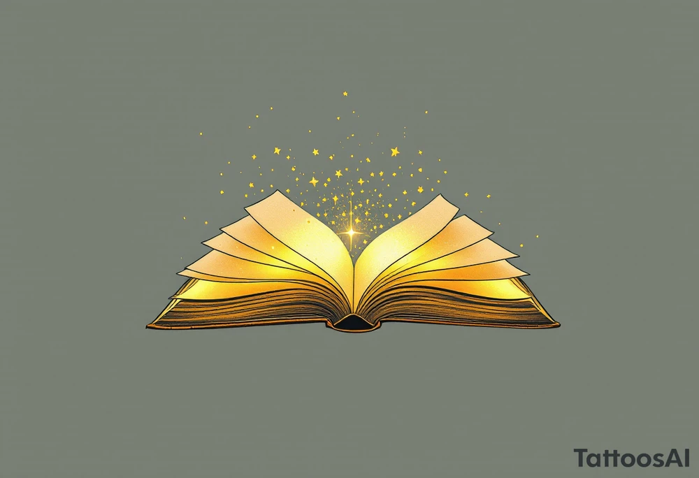 An open book with golden pages, each turning page revealing a different phase of life tattoo idea
