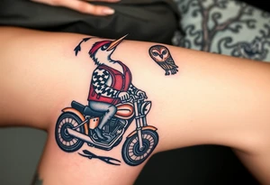 Woody the woodpecker wearing a leather vest that says peckerwoods, on a Harley Davidson under a willow tree, gazing in love at a barn owl tattoo idea