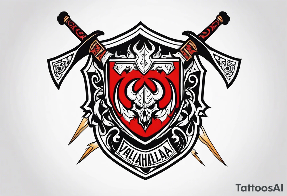 valhalla on fire sword shield axe tattoo idea