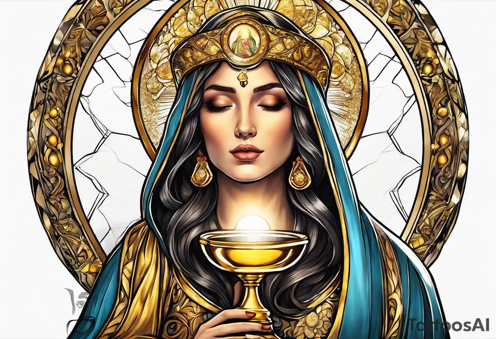 holy saint woman turned away with golden halo holding a chalice tattoo idea