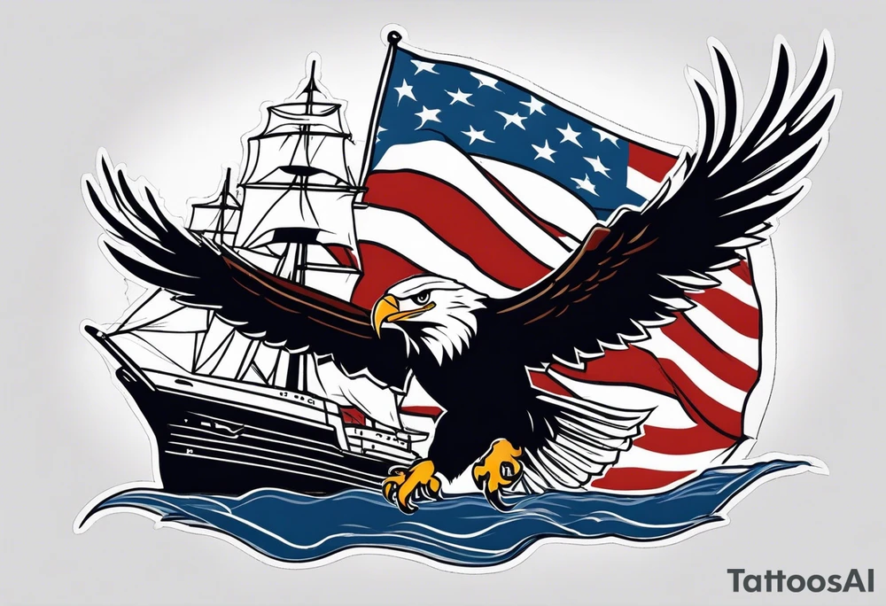 eagle flying in front of ship holding American flag in beak tattoo idea