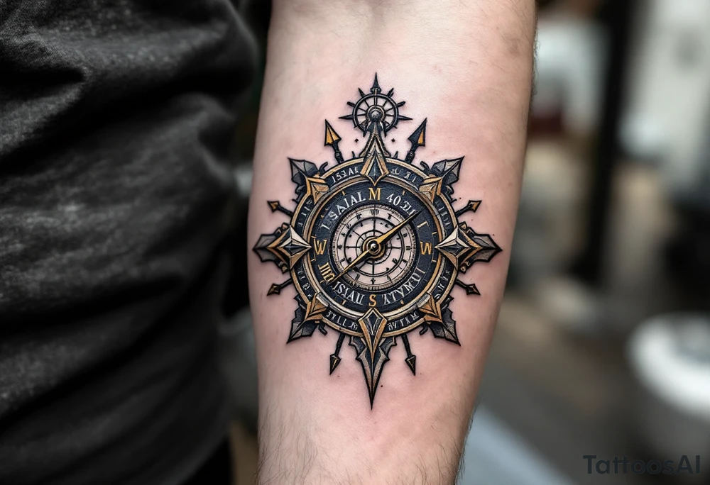 steampunk half compass/clock with a full-length arrow saying "Isaiah 40:31" tattoo idea