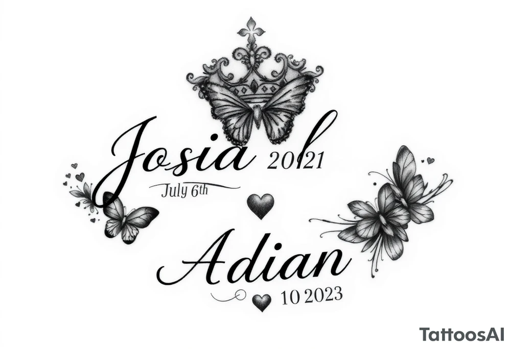 Feminine womens tatto that goes on tarso and in tattoo the names JOSIAH in cursive written with the date July 6th 2021 iAND NEXT TO NAME A PRINCE CROWN and butterfly's and the cancer zodiac number in between with the capricorn sing in between and hearts and the next part lower part of tatto the name ADIAN WITH THE DATE March 10th 2023 WITH A SMALLER PRINCE CROWN THEN THE JOSIAHS CROWN AND THEN LITTLE BUTTERFLYS WITH THE PACIES ZODIAC SING IN AND THE CAPRICORN ZODIAC SIGN BOTH SMALL AND IN BETWEEN THE BUTYERFLYS AND HEARTS MAKE IT MIX TOGTHER DO THE SAME WITH THE CANCER AND CPROCORN SIGN ABOVE tattoo idea