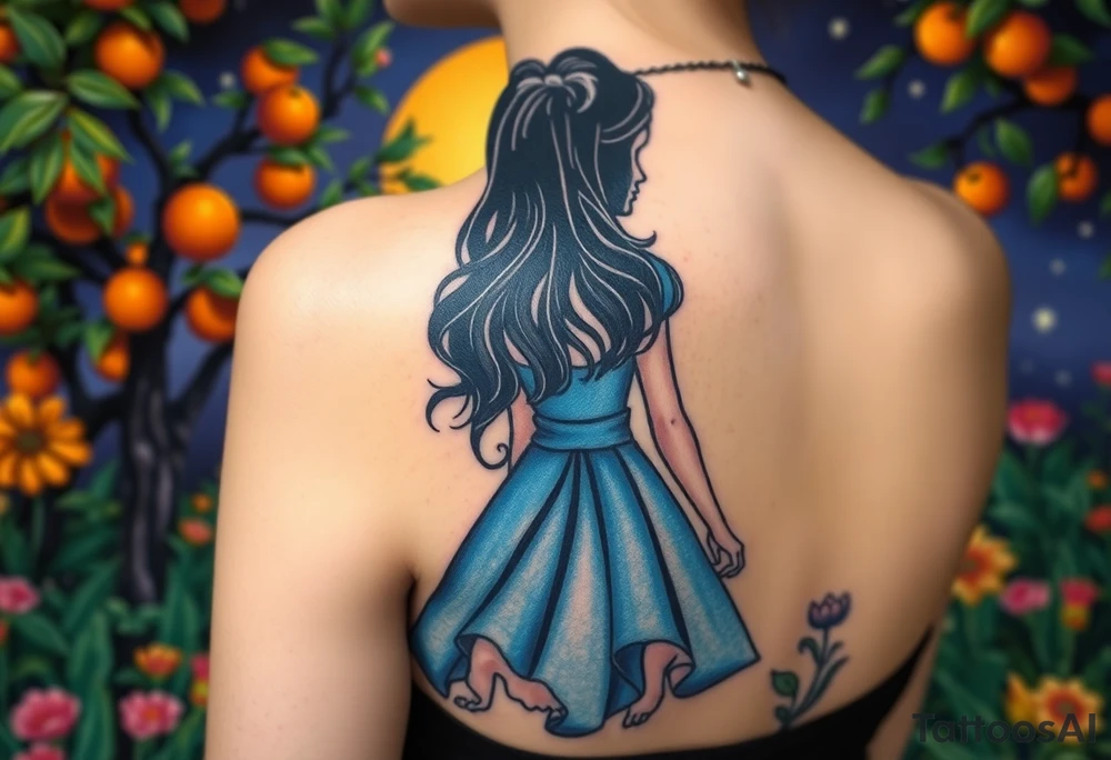 Alice's back silhouette entering a garden. There is a orange tree, and flowers there. tattoo idea