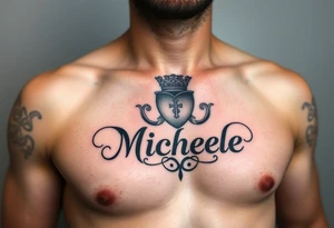 Create a tattoo on a man’s chest if a woman’s name. Claddagh and the name Michelle. Irish themed with Celtic knot on top and bottom. tattoo idea