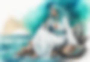 An undine with turquois scales wearing a white robe, sitting on rocks by the ocean tattoo idea