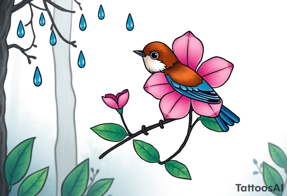 forest background
blue rain drops
pink camelia flower
blue and brown wren bird tattoo idea
