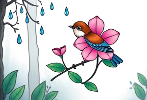 forest background
blue rain drops
pink camelia flower
blue and brown wren bird tattoo idea