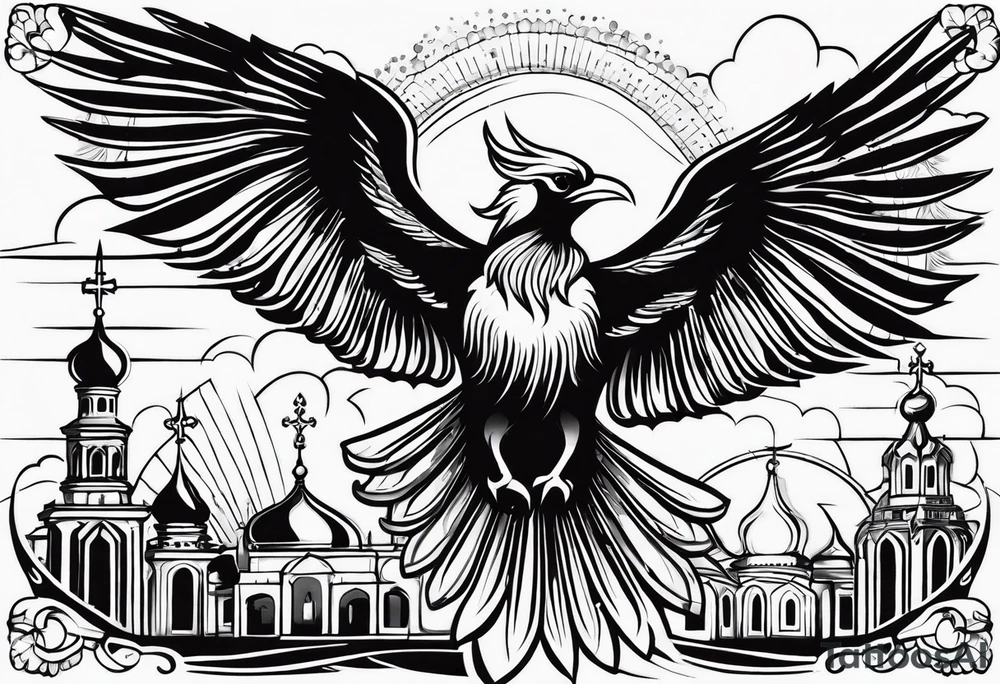 russian firebird in-flight with long fancy tail and 3 small onion cap monastery towers in background, with "Isaiah 43: 18-19" tattoo idea