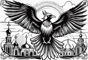 russian firebird in-flight with long fancy tail and 3 small onion cap monastery towers in background, with "Isaiah 43: 18-19" tattoo idea