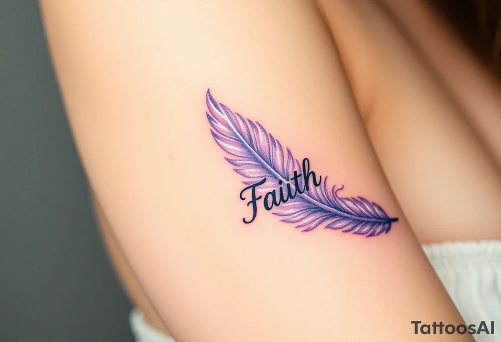 A lavender and silver feather with a subtle shimmer, carrying the word "Faith" tattoo idea
